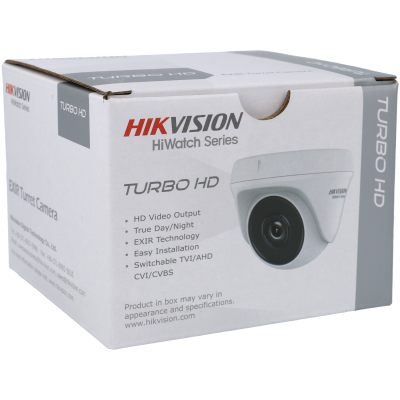 Embalagem branca da câmara Hikvision HiWatch Turbo HD com texto e imagem do produto.
