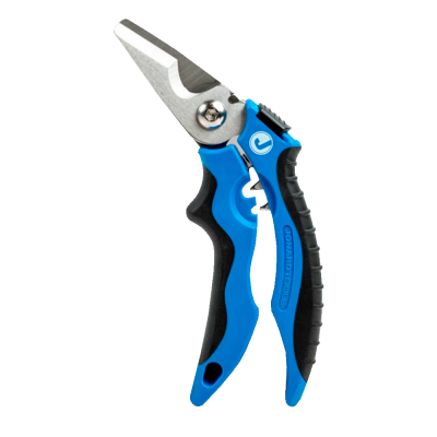 Tesoura de poda azul e preta com lâminas de aço em fundo cinzento