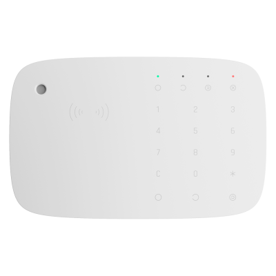 Painel de controlo branco com botões numéricos e indicadores luminosos