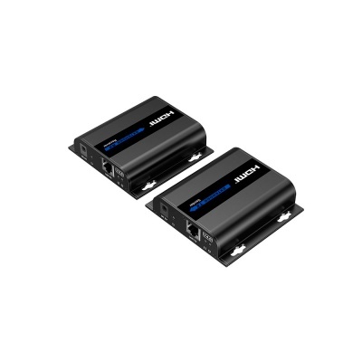 Dois dispositivos HDMI metálicos pretos com etiquetas e portas LAN, VGA e DC