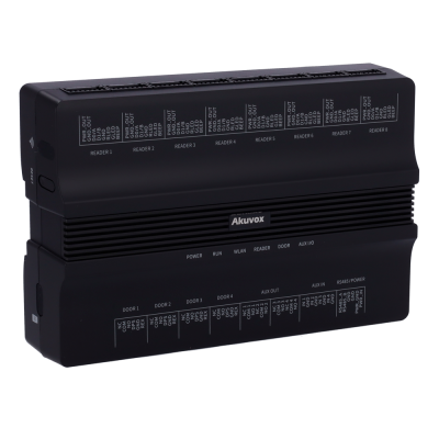 Dispositivo preto Akuvox com conexões e etiquetas para leitores e portas