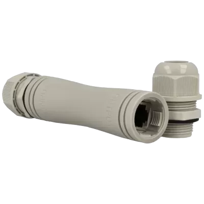 Cabo de ligação cinzento claro com conector RJ45 e peça aparafusável M22