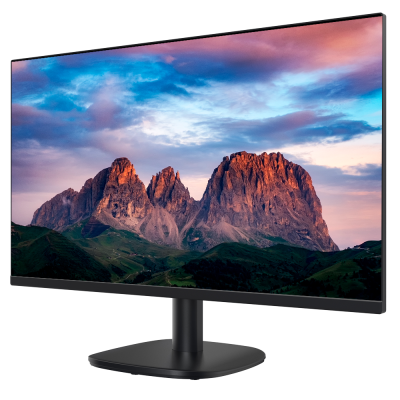 Monitor preto com ecrã a mostrar montanhas e céu colorido