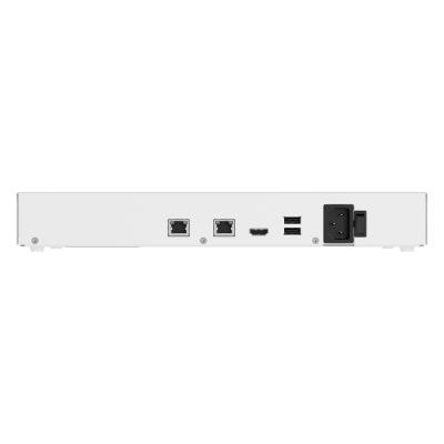 Dispositivo eletrónico branco com portas Ethernet, HDMI, USB e soquete de alimentação