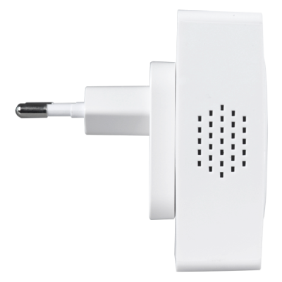 Adaptador elétrico branco com ficha tipo europeu e orifícios de ventilação