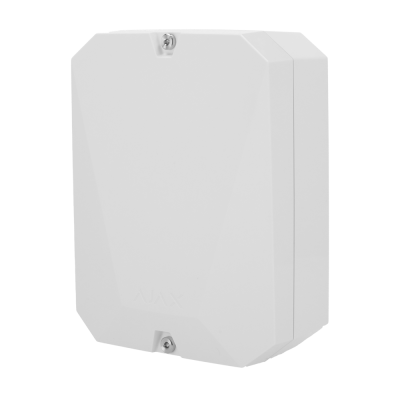 Caixa plástica branca com parafusos e texto AJX