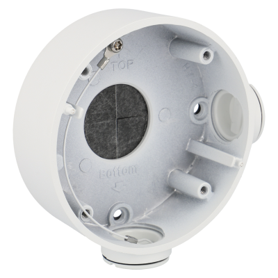 Caixa redonda branca com interior metálico e inscrições TOP e BOTTOM