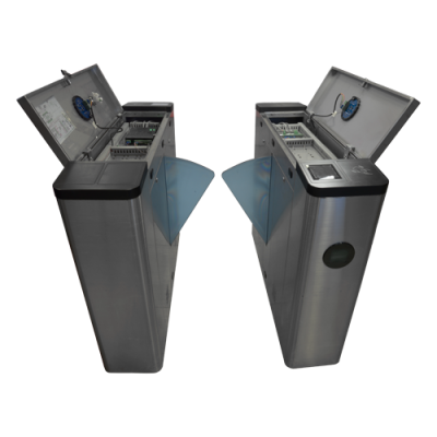 Torniquetes automáticos em inox com portas de vidro azul e componentes eletrónicos visíveis
