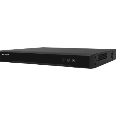 Aparelho retangular preto da marca HIKVISION com botões frontais e grelha lateral
