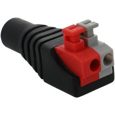 Conector elétrico preto com entradas em vermelho e cinzento
