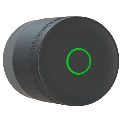 Botão circular preto com anel verde no centro