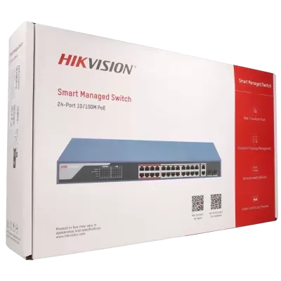Caixa branca de switch inteligente gerido HIKVISION 24 portas com texto e códigos QR