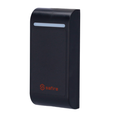 Leitor de cartão preto com marca safire e visor na parte superior