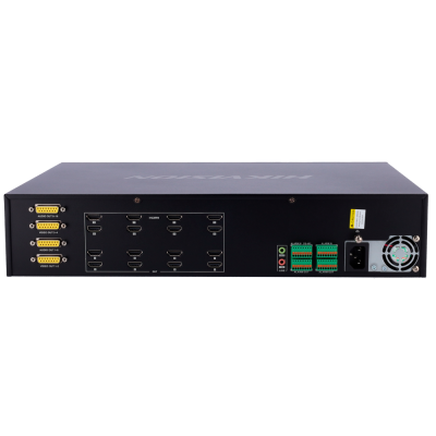 Dispositivo eletrónico preto com portas HDMI, conectores áudio/vídeo amarelos, entradas de alarme e ventoinha.