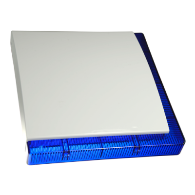 Sirene de alarme quadrada branca com base azul translúcida