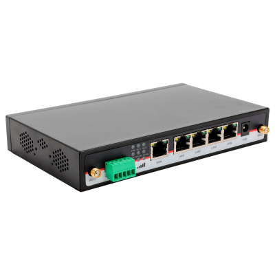 Roteador industrial preto com portas Ethernet e antenas WiFi