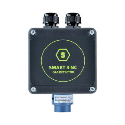 Detector de gás SMART 3 NC preto com texto amarelo e duas conexões no topo