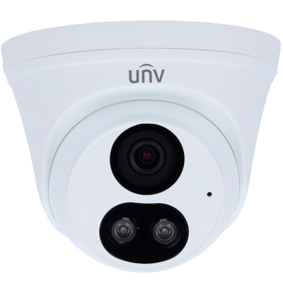 Câmara de vigilância branca UNV com lente central preta e duas luzes LED