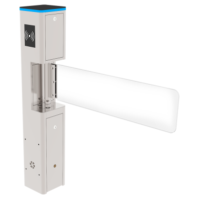 Porta de acesso metálica automática com faixa azul e símbolo de ondas