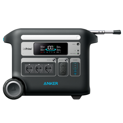 Gerador portátil Anker preto com tomadas AC, soquetes de carro, portas USB e ecrã digital