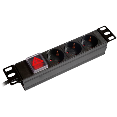 Filtro de linha preto com três tomadas e interruptor vermelho