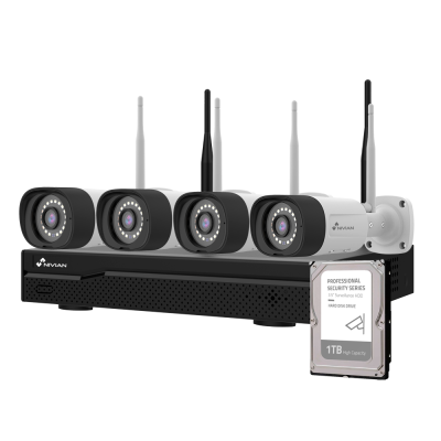 Conjunto de quatro câmaras de segurança sem fios e gravador com disco rígido 1TB.