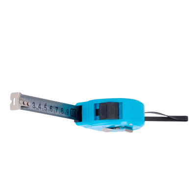 Trena de medição com caixa azul e fita métrica