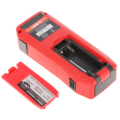 Medidor laser vermelho UNI-T com tampa destacada e compartimento para pilhas