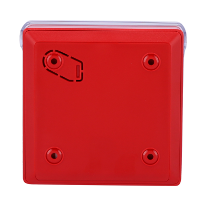 Alarme ou sinalizador quadrado vermelho com quatro orifícios de montagem.