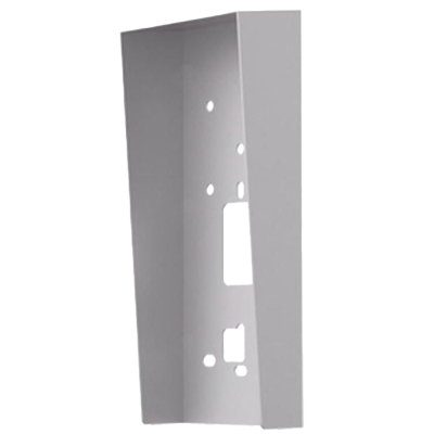 Suporte metálico cinzento com furos e recortes em fundo branco