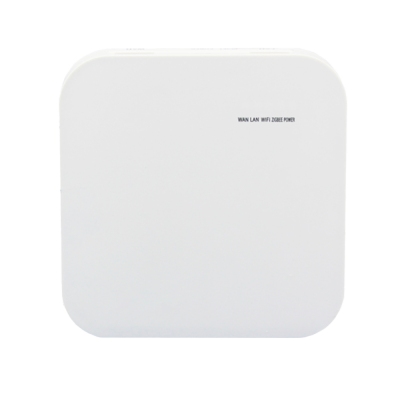 Dispositivo eletrónico branco com texto WAN LAN WIFI ZIGBEE POWER