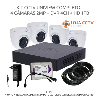 Kit CCTV Uniview completo com 4 câmaras, DVR, disco 1TB, cabos e transformador