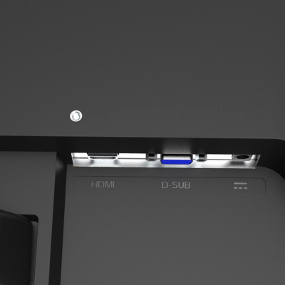 Portas HDMI, D-SUB e botão prateado num monitor preto