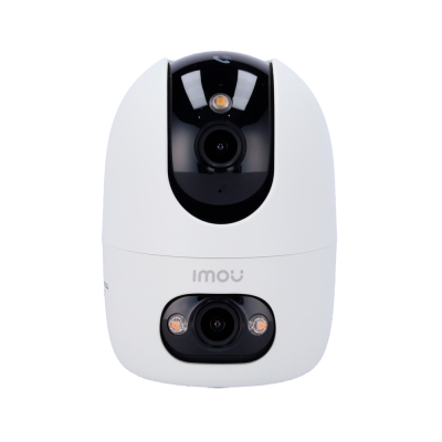 Câmara de segurança branca e preta com duas lentes e luzes LED