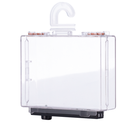 Caixa transparente com gancho e base preta