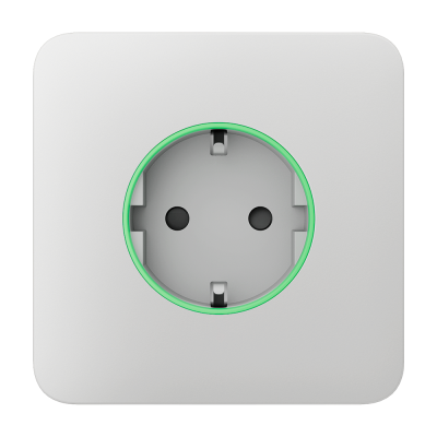 Tomada elétrica embutida cinza claro com detalhe verde e orifícios circulares