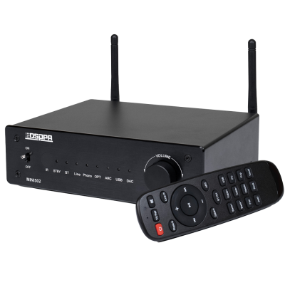 Amplificador DSPPA MINI502 preto com controlo remoto e antenas