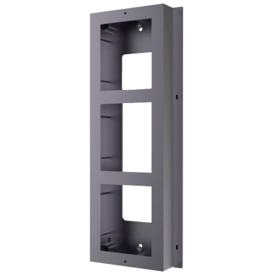 Suporte metálico cinza com três recortes quadrados verticais