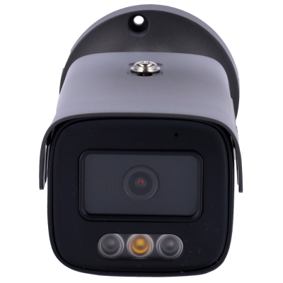 Câmara de segurança preta e cinza com lente central e LEDs