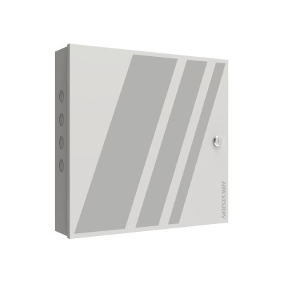 Caixa metálica cinzenta com fecho e faixas verticais cinzentas