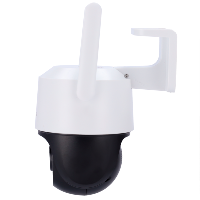 Câmara de segurança branca e preta com antena em suporte branco