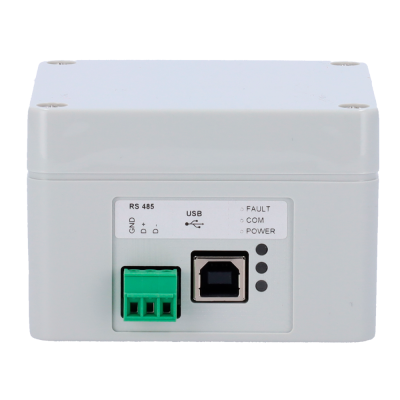 Equipamento eletrónico branco com portas USB e RS 485 e luzes indicadoras