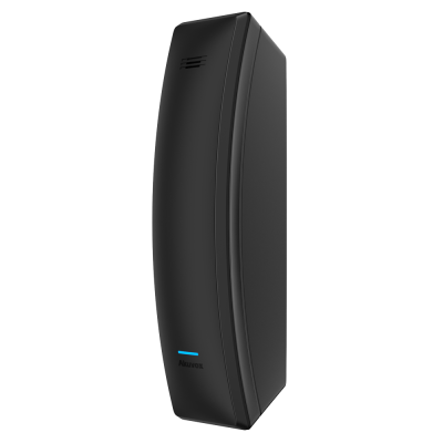 Intercom preto com botão azul e marca NUVONTEX