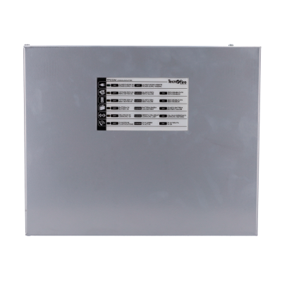 Painel metálico cinza com etiqueta central e indicadores