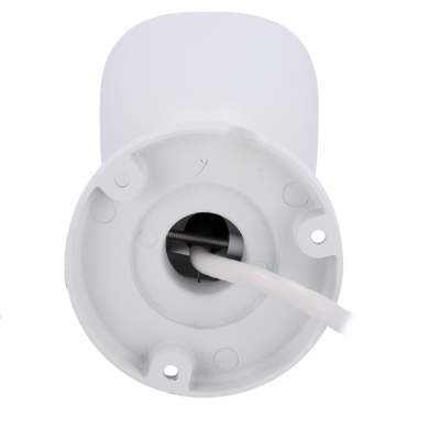 Base traseira branca de câmara de vigilância com cabo e suporte.