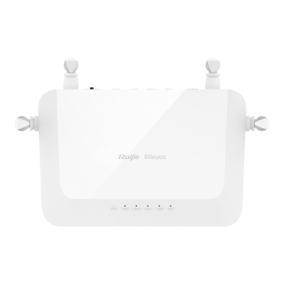 Roteador Wi-Fi branco Ruijie Reyee com quatro antenas e indicadores LED