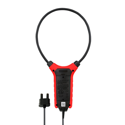 Aparelho medidor de corrente tipo pinça vermelho e preto com cabo e ficha elétrica preta