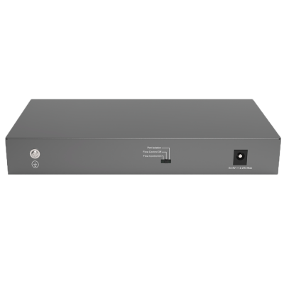 Dispositivo eletrónico cinza metálico com conectores e etiquetas visíveis na parte traseira