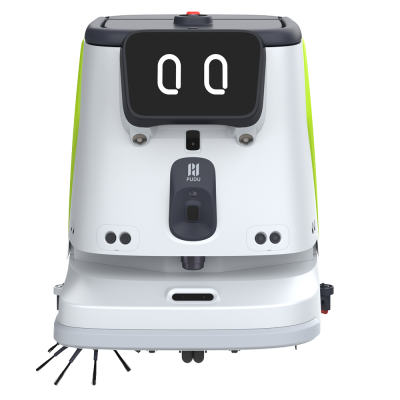 Robô de limpeza branco com visor digital e escovas giratórias