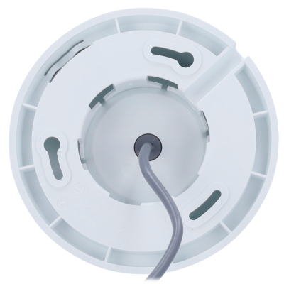 Vista inferior de um dispositivo redondo branco com cabo cinza